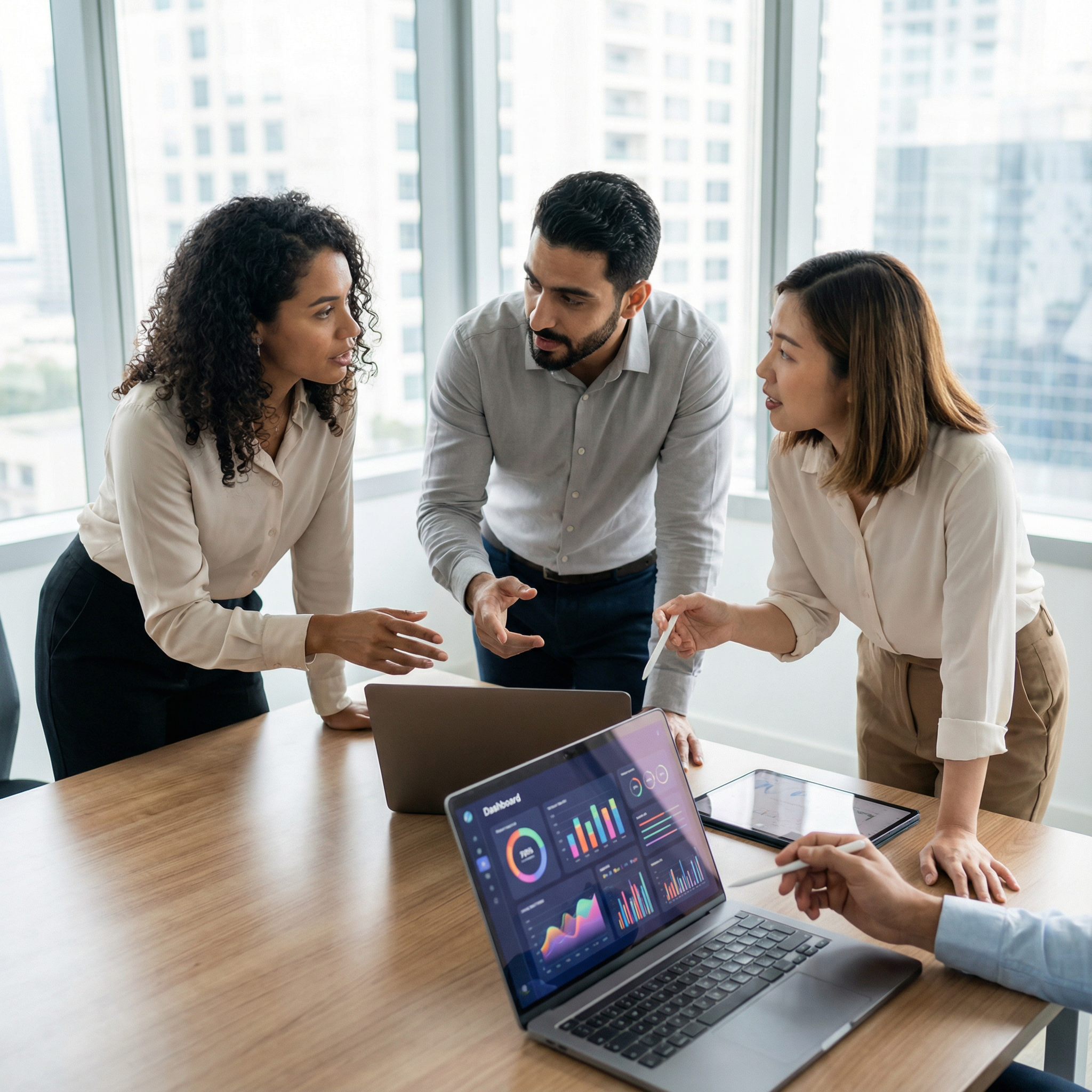 Diverse data analytics team collaborating on dashboards and insights in modern office