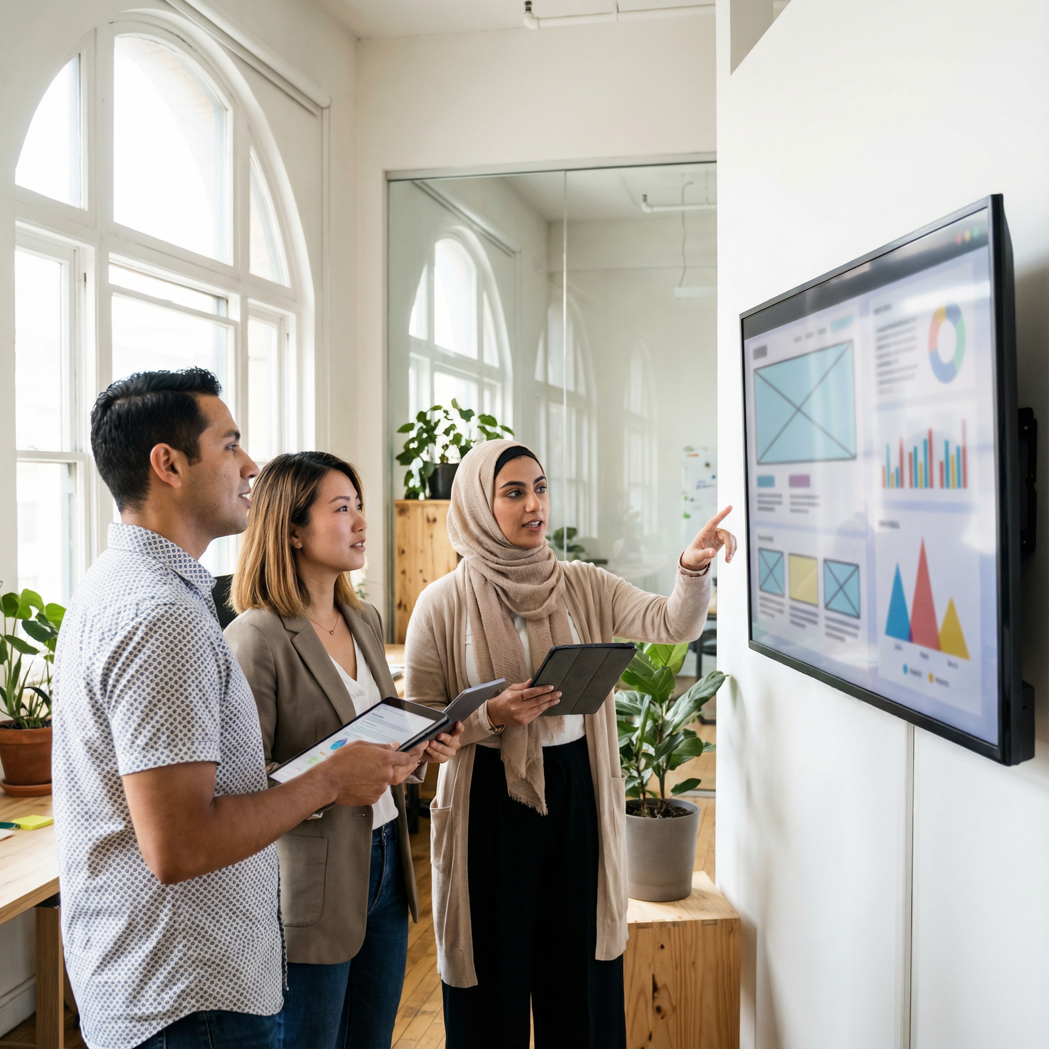 Diverse digital strategy team reviewing website designs and digital presence metrics